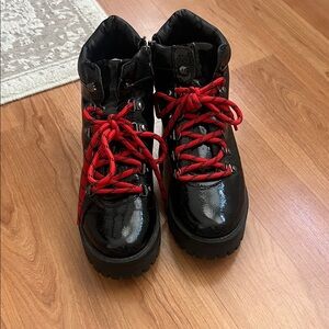 Aqua Black Patent Combat Boots with Red Laces